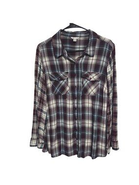 Cato Button Up Shirt Womens Plus Size 18W 20W Burgundy White Plaid Long Sleeve